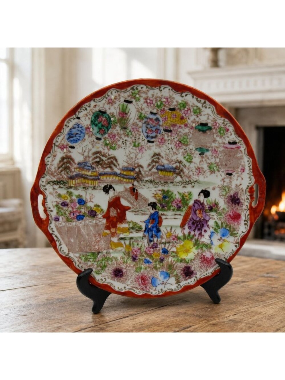 Vintage Geisha Japanese Ceramic Plate Scalloped Edge with Handles 10"